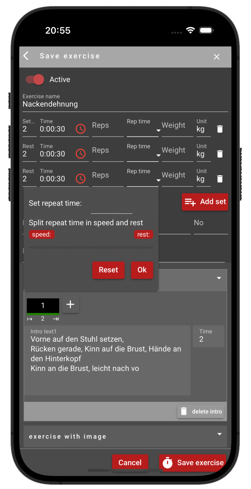 App exercise set editor screen
